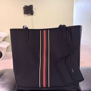 DKNY Bradee Navy Blue Striped Tote Bag with ID Card Holder Wristlet